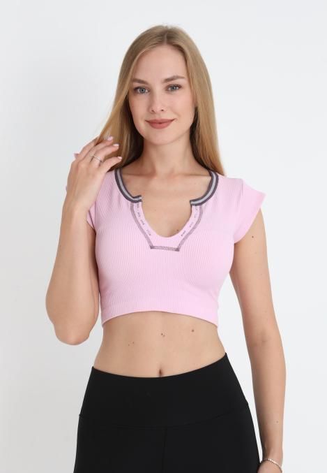 Crop Tricou Damă cu Mânecă Scurtă ,Culoare Roz,Engros